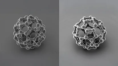 Die Abbildung zeigt zwei Ansichten eines komplexen, kugelförmigen Moleküls, das aus miteinander verbundenen chemischen Strukturen besteht. Die Darstellung ist monochromatisch und hebt die geometrische Anordnung der Atome hervor. Die Details vermitteln ein Gefühl für die Komplexität der Molekularstruktur.