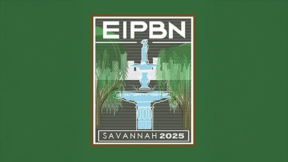 Design with the text “EIPBN Savannah 2025”. In the center is a stylized fountain illustration surrounded by curved lines.