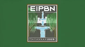 Design mit dem Text "EIPBN Savannah 2025". Im Zentrum befindet sich eine stilisierte Brunnenillustration, umgeben von geschwungenen Linien.