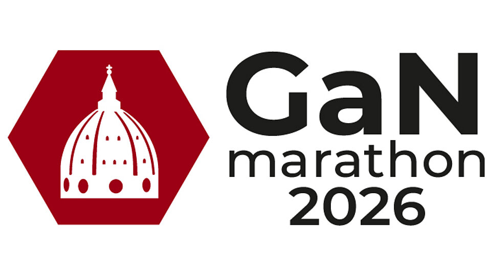 Logo des GaN-Marathons 2026, bestehend aus einem hexagonalen roten Hintergrund mit einer stilisierten Kuppel und dem Schriftzug "GaN marathon 2026" in schwarzer Schrift.