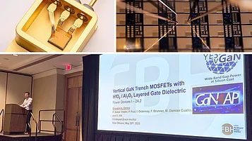 Collage: Oben Nahaufnahmen von Halbleiter-Bauelementen und einem goldenen Halbleitergehäuse; unten ein Vortragssaal, in dem ein Referent vor einer großen Präsentationsfolie zu vertikalen GaN-MOSFETs steht.