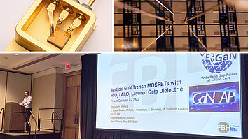 Collage: Oben Nahaufnahmen von Halbleiter-Bauelementen und einem goldenen Halbleitergehäuse; unten ein Vortragssaal, in dem ein Referent vor einer großen Präsentationsfolie zu vertikalen GaN-MOSFETs steht.