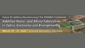 Eine grafische Darstellung der Konferenz zum Thema additive Nano- und Mikro-Fabrikation in Optik, Elektronik und Bioengineering, die vom 23. bis 27. März 2025 im Kloster Schönthal in Deutschland stattfindet.