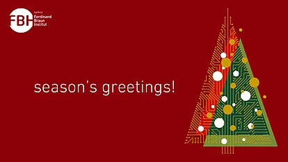 A stylized Christmas tree graphic with a pattern of circuit boards and colorful circles. Next to it, “season's greetings!” is written in friendly lettering on a red background. The Ferdinand Braun Institute logo is placed at the top left.