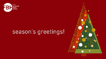 A stylized Christmas tree graphic with a pattern of circuit boards and colorful circles. Next to it, “season's greetings!” is written in friendly lettering on a red background. The Ferdinand Braun Institute logo is placed at the top left.