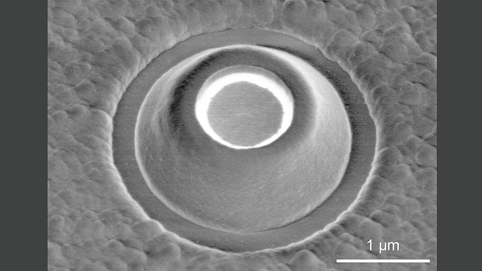Fig. 1: Electron micrograph of a single UV micro-LED with 1.5 µm diameter.
