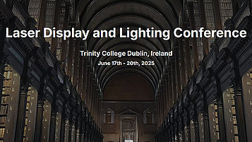 Banner for the Laser Display and Lighting Conference. The background shows a library with high shelves and a vaulted ceiling.