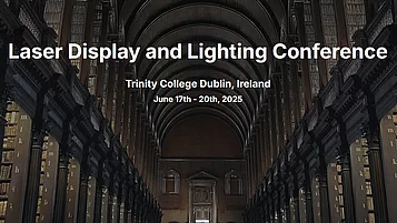 Banner für die Laser Display and Lighting Conference. Der Hintergrund zeigt eine Bibliothek mit hohen Regalen und einer gewölbten Decke.