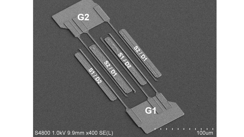 Scanning electron micrograph of a bidirectional transistor structure