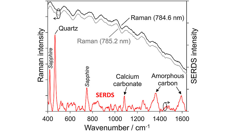 Fig. 1: Graph showing an average of 100 Raman spectra (top curves) excited at 785.2 nm and 784.6 nm, and SERDS spectrum (bottom curve) obtained from 10 individual measurement positions along a distance of 10 mm of a selected soil sample. 