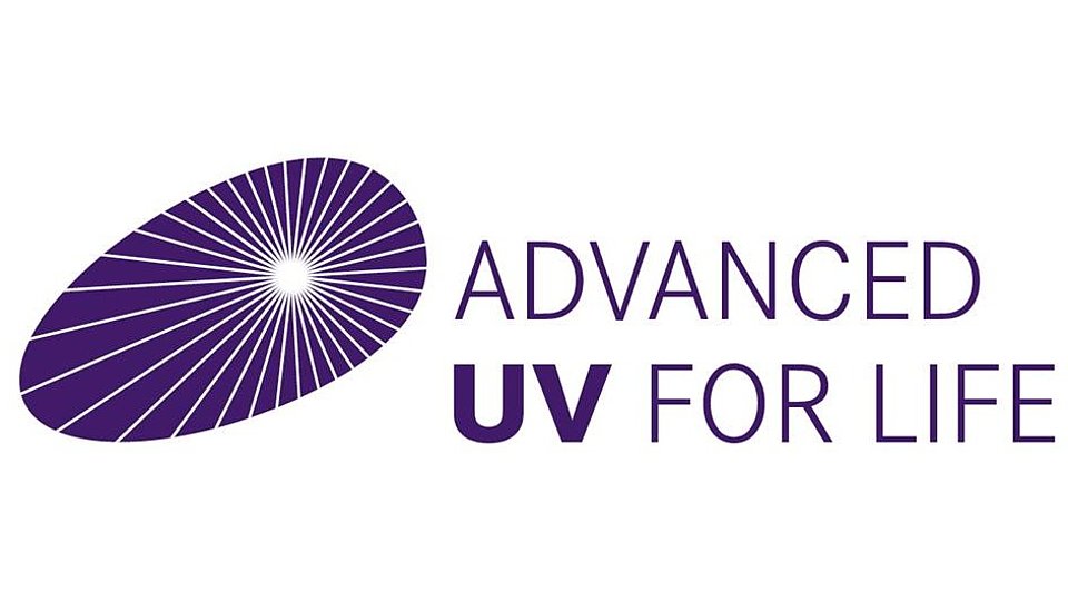 Logo featuring a stylized oval shape with radiating lines, symbolizing UV technology. The text reads "ADVANCED UV FOR LIFE" in a bold, purple font.