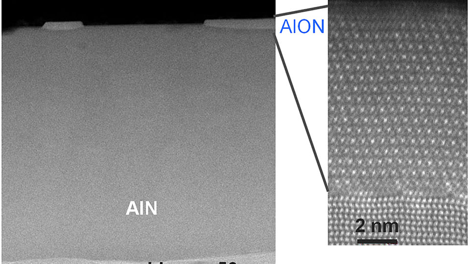 HR-STEM image of a sputtered AlN/sapphire layer after annealing