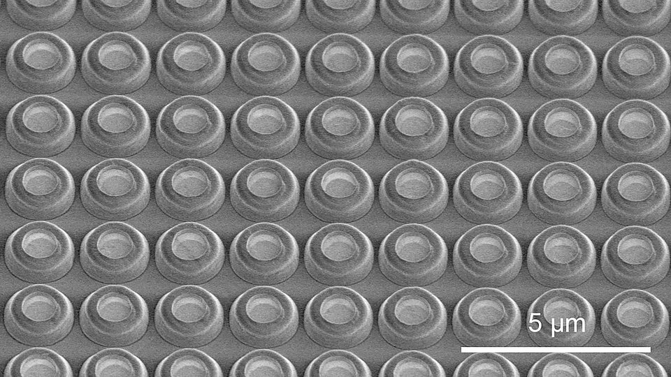 Fig. 2: Electron micrograph of an array of UV micro-LEDs with 2 µm pitch.