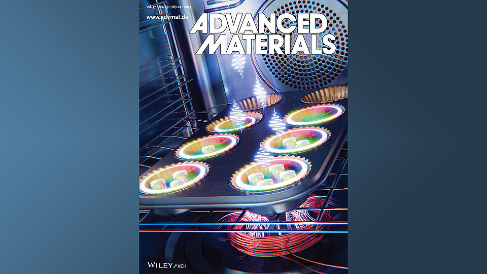 Muffinform in einem Backofen, darin sind bunte Skyrmion-Taschen. Rote Heizdrähte sind sichtbar. Oben steht der Titel „ADVANCED MATERIALS“ in großen Buchstaben.