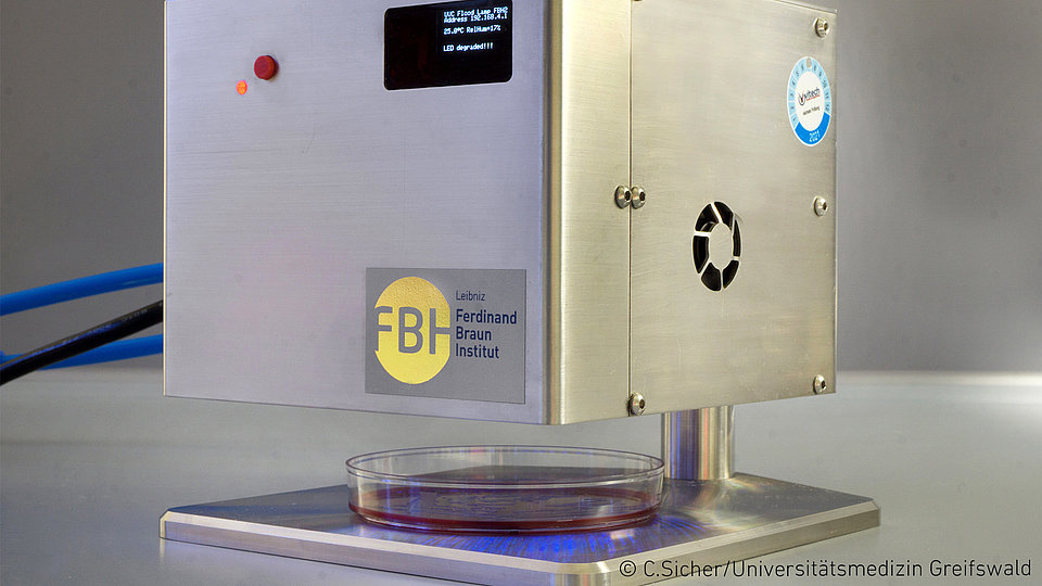 Cube-shaped remote UVC irradiation system for eliminating microorganisms, below a petri dish