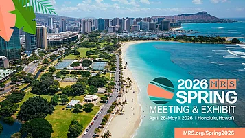 Luftaufnahme von Hawaii, dient als Hintergrund für die MRS Frühjahrstagung & Ausstellung 2026. Das Bild enthält das Veranstaltungslogo und die Daten vom 26. April bis 1. Mai. 