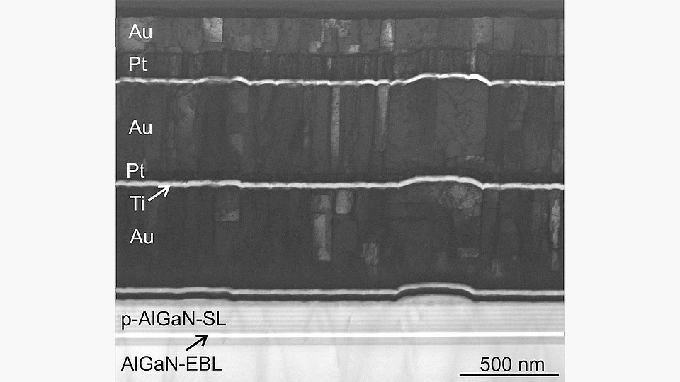 Bright-Field SEM image acquired in transmission of a FIB lamella showing metal contact layers and an upper part of an AlGaN-based LED operating in the ultraviolet wavelength range.