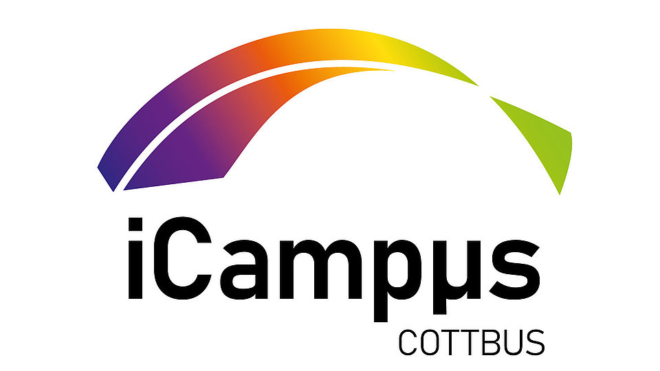 Logo of the iCampus Cottbus, showing a colorful, curved arch at the top, accompanied by the lettering “iCampus” in black letters.