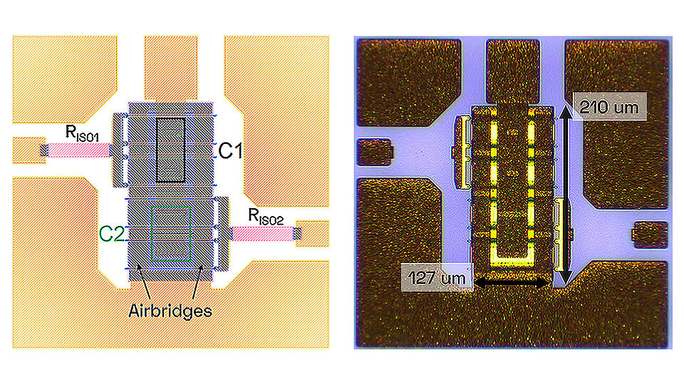 A side-by-side view of a layout and a photo of a capacitor cell. The layout shows labels (C1, C2, Airbridges), while the photo shows scaled measurements.