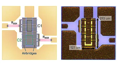 A side-by-side view of a layout and a photo of a capacitor cell. The layout shows labels (C1, C2, Airbridges), while the photo shows scaled measurements.