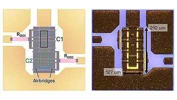 A side-by-side view of a layout and a photo of a capacitor cell. The layout shows labels (C1, C2, Airbridges), while the photo shows scaled measurements.