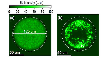 Electroluminescence (EL) intensity distribution measured at electrical operation of the current carrying area (120 µm in diameter) of a UVB LED before (a) and after (b) 42 h operation under accelerated stress conditions.