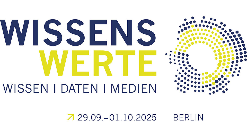 Logo für die Veranstaltung "Wissenwerte" in Berlin, die vom 29. September bis 1. Oktober 2025 stattfindet. Der Fokus liegt auf Wissen, Daten und Medien, dargestellt in klaren Schriftarten mit blauen und gelben Farben.