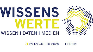 Logo für die Veranstaltung "Wissenwerte" in Berlin, die vom 29. September bis 1. Oktober 2025 stattfindet. Der Fokus liegt auf Wissen, Daten und Medien, dargestellt in klaren Schriftarten mit blauen und gelben Farben.
