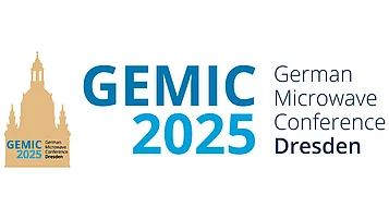 Logo der German Microwave Conference (GEMIC) 2025 in Dresden. Der Schriftzug zeigt den Namen der Konferenz mit dem Jahr 2025, umgeben von einem stilisierten Stadt-Siluetten-Design.