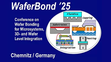 Konferenz "WaferBond '25" in Chemnitz, Deutschland. Themenschwerpunkt: Wafer-Bonding für Mikrosysteme, 3D- und Wafer-Level-Integration. Visualisierung enthält Diagramme zu Fluidik, Substraten, Kappen und Tests.
