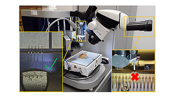 Mikroskop, das auf eine Teststation gerichtet ist, wo verschiedene Drähte montiert sind. Ein Bereich ist mit einem grünen Häkchen gekennzeichnet, während ein anderer mit einem roten Kreuz markiert ist.
