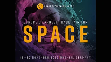 Das Bild bewirbt die Space Tech Expo Europe, die vom 18. bis 20. November 2025 in Bremen, Deutschland, stattfindet. Es handelt sich um die größte Fachmesse für Raumfahrt in Europa und zeigt einen Astronauten hinter einem bunten Hintergrund.