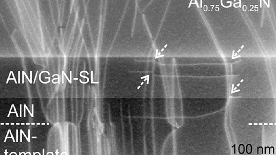 Fig. 1: Exemplary cross-sectional image of lower part of UVB-LED structure on AlN template 