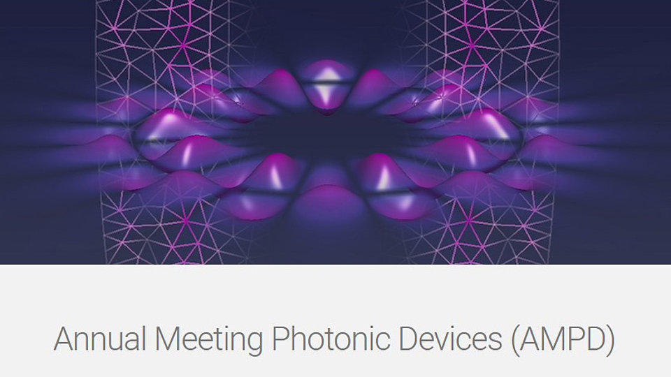 Grafische Darstellung von Wellenmustern in lila und blau. Text darunter: "Jahrestagung Photonic Devices (AMPD)".