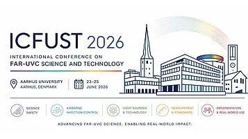 Grafik zur Internationalen Konferenz über Far-UVC-Wissenschaft und -Technologie 2026. Informationen zu Datum, Ort (Aarhus Universität, Dänemark) und Themen wie Wissenschaftssicherheit und Luftinfektionskontrolle.