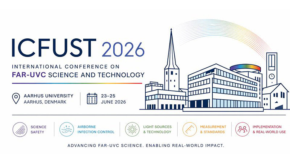Grafik zur Internationalen Konferenz über Far-UVC-Wissenschaft und -Technologie 2026. Informationen zu Datum, Ort (Aarhus Universität, Dänemark) und Themen wie Wissenschaftssicherheit und Luftinfektionskontrolle.