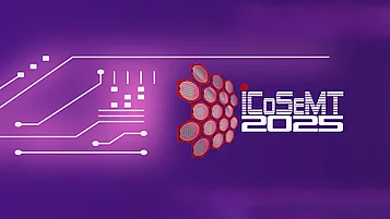 Logo der Konferenz "iCoSeMT 2025" in stilisierter Schrift auf lila Hintergrund. Links sind grafische Elemente eines Schaltplans zu sehen.