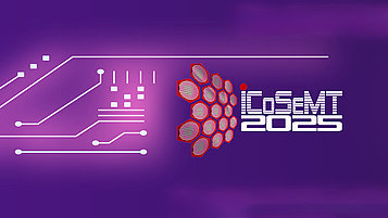 Logo der Konferenz "iCoSeMT 2025" in stilisierter Schrift auf lila Hintergrund. Links sind grafische Elemente eines Schaltplans zu sehen.