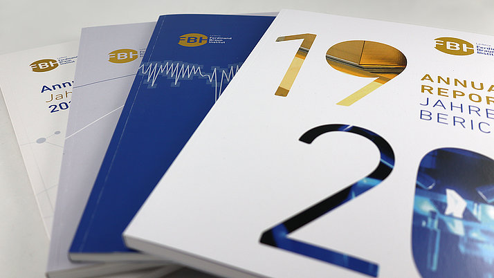 Three annual reports of the Ferdinand Braun Institute lie on top of each other. The covers show different colors and graphic elements.
