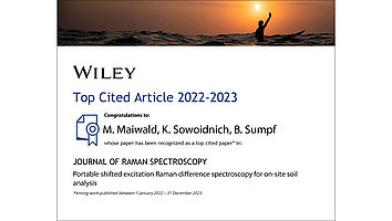 Certificate honoring the publication "Portable shifted excitation Raman difference spectroscopy for on-site soil analysis" as one of the most cited in the Journal of Raman Spectroscopy.