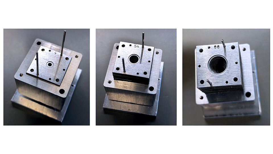 Three photographs showing assembly of a corrugated horn from stacked aluminum plates. The plates are aligned with dowel pins on a tapered base and secured with screws, progressing from a small central opening to the completed horn aperture.