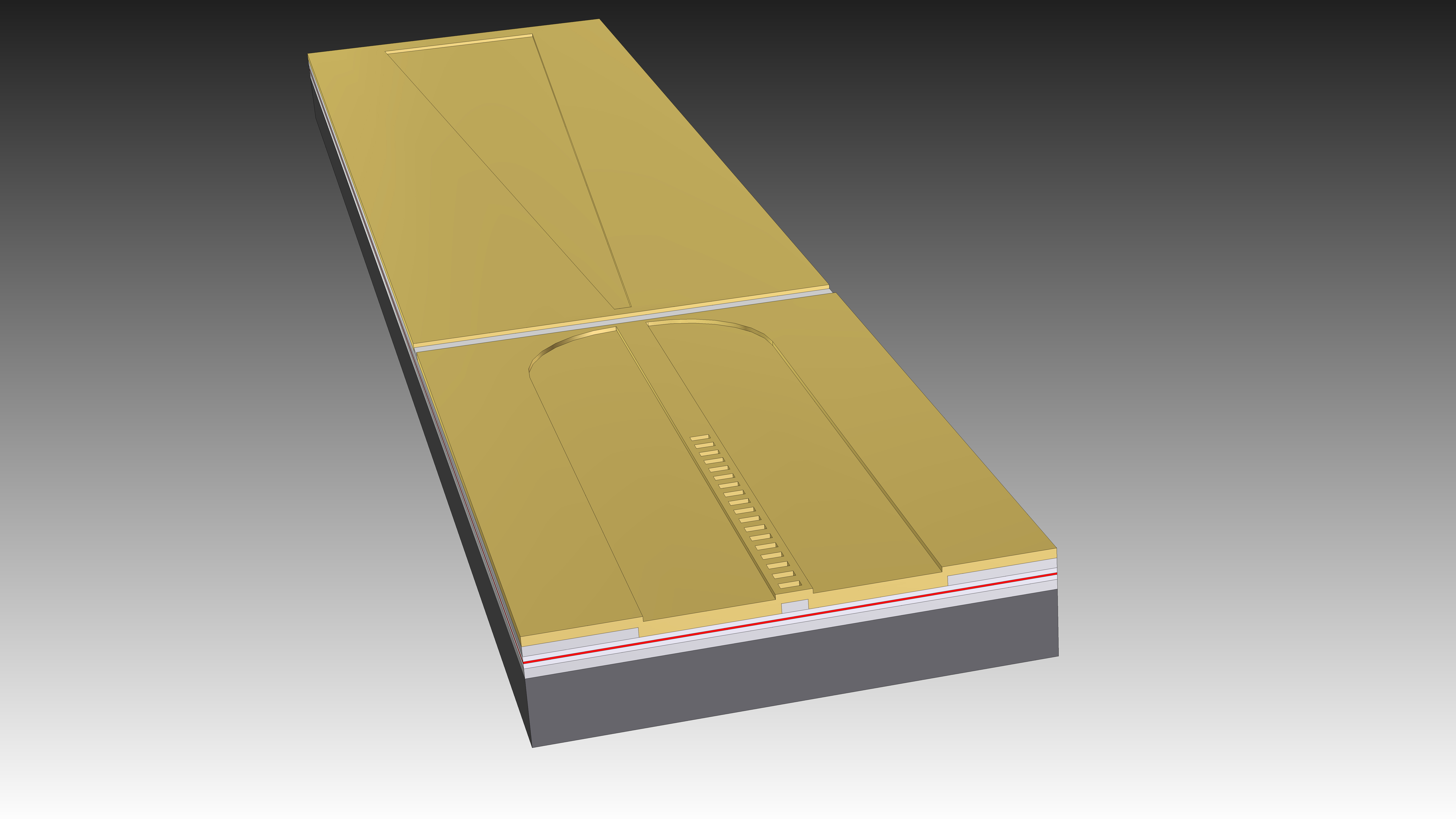 Long, flat structure with a gold-colored surface and a narrow, recessed line in the middle. This structure is placed on a dark background.